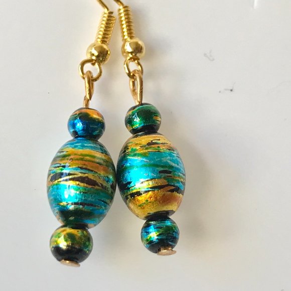 Blue Amber Murano Glass Earrings Bead Hand Painted Round Gold Plated - Picture 6 of 8
